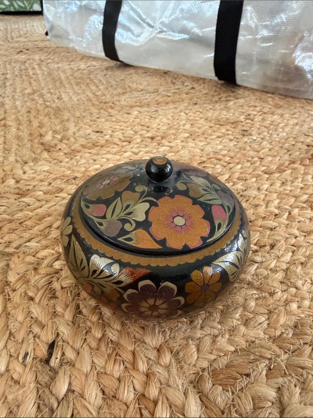 Hand-Painted Floral Lidded Trinket Box in Black and Gold